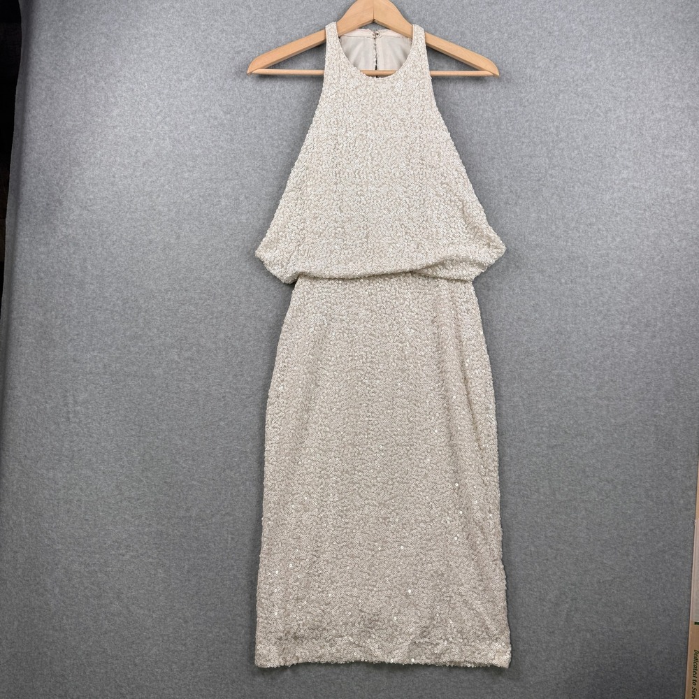 Badgley Mischka Dress Womens Size 4 White All Over Sequin Blouson Bridal Evening